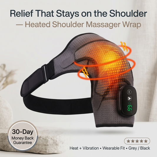 Heated shoulder massager wrap with glowing orange interior on a neutral background